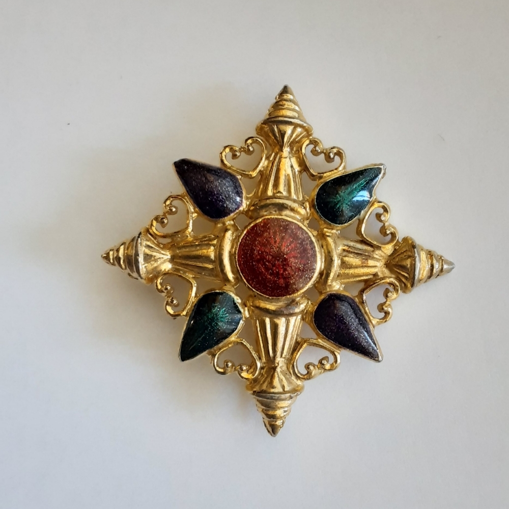 Vintage Brooch Gold Tone and Enamel Pin 2"